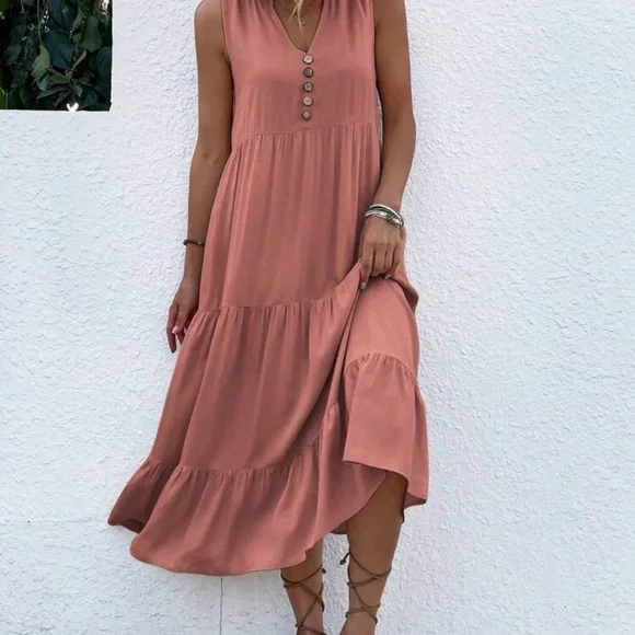 Tiered Sleeveless Maxi Dress in Dusty Rose - Picture 4 of 7